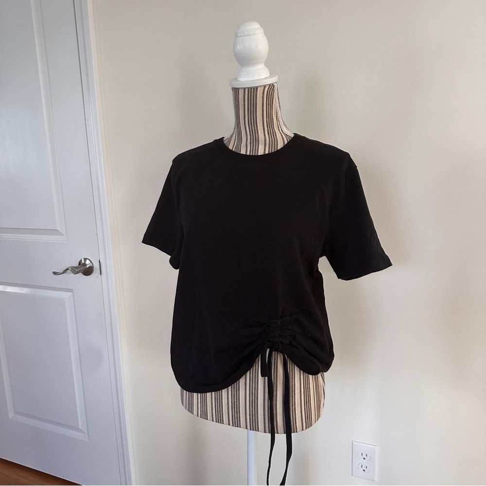 French Connection Black Ruched Tie Front Women Short Sleeve Top